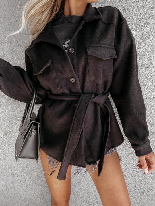 Damen modische Oversized-Jacke mit Gürtel und dekorativen Taschen R&B