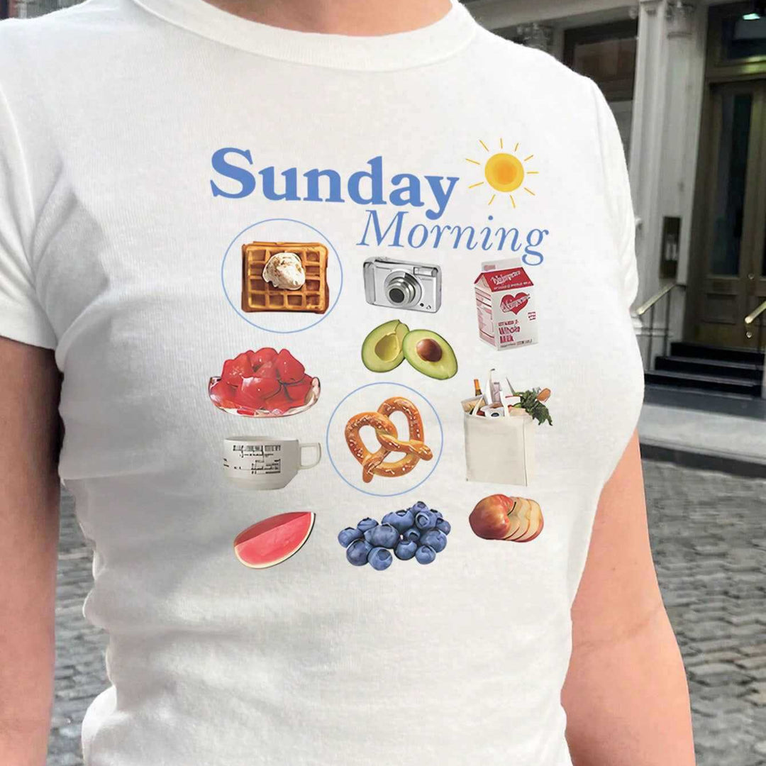 Damen T-Shirt mit kreativem Frühstücksmotiv und modernem Schriftzug R&B
