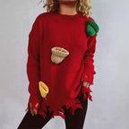 Damen lässiger Oversize-Pullover mit fransigen Details und bunten Applikationen R&B