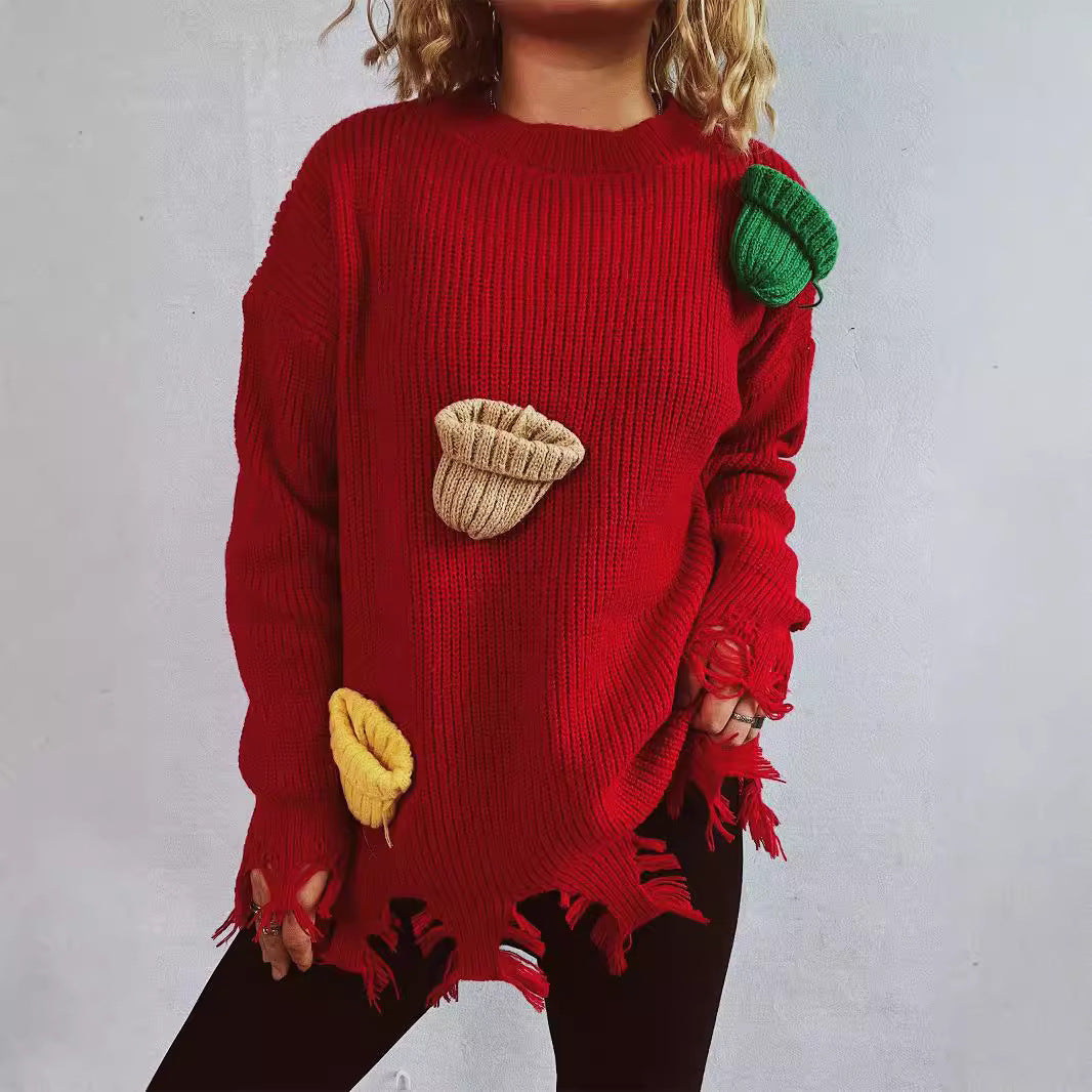 Damen lässiger Oversize-Pullover mit fransigen Details und bunten Applikationen R&B