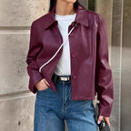 Damen Modische Kunstlederjacke mit klassischen Knopfdetails R&B