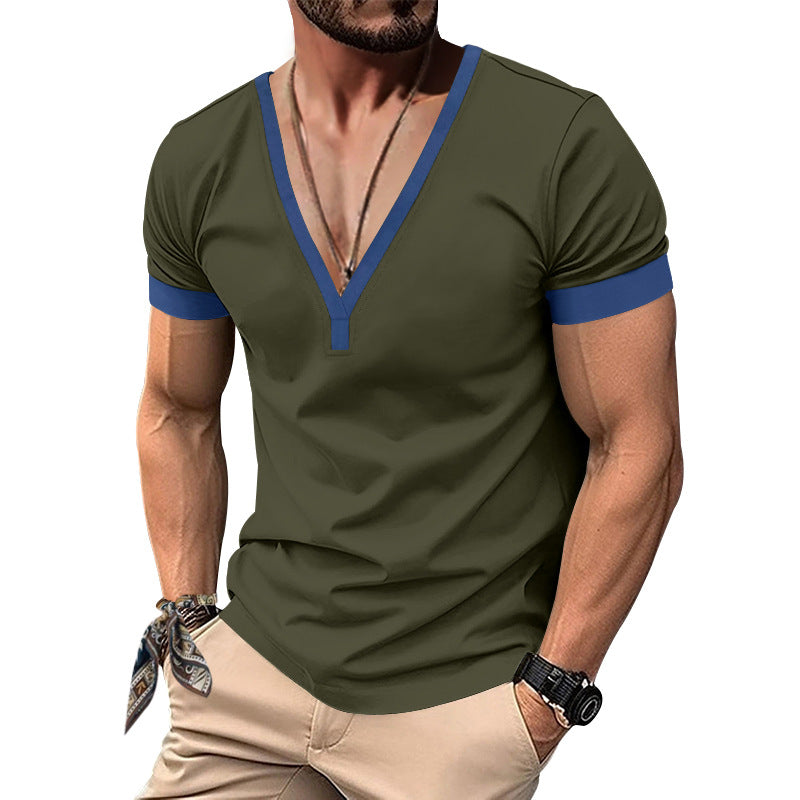 Herren V-Ausschnitt T-Shirt mit kontrastierenden Ärmeln und atmungsaktiver Baumwolle R&B