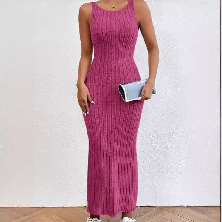 Damen figurbetontes Langarm-Maxikleid mit Rippenstruktur und Rundhalsausschnitt R&B