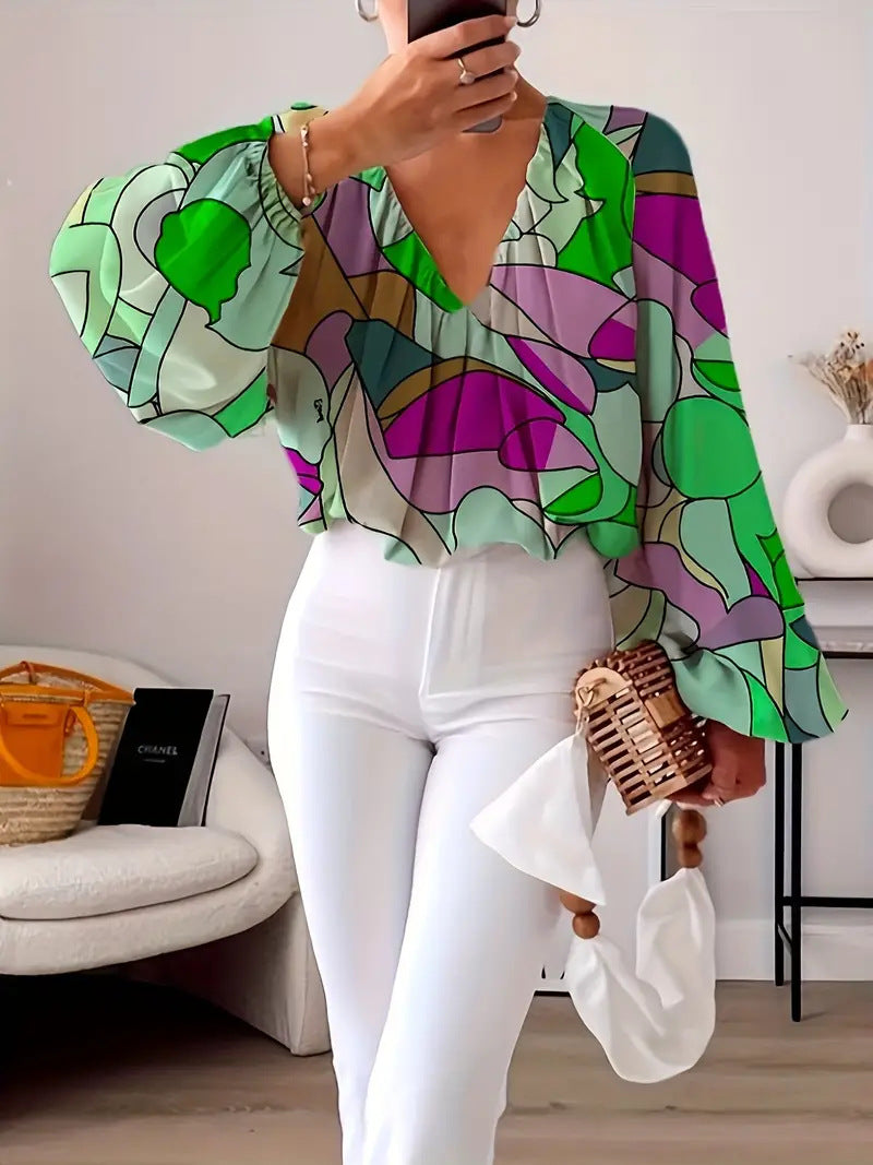 Damen Bluse mit V-Ausschnitt und modischem Grafikdesign R&B