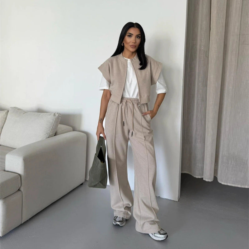 Damen sportliches Twin-Set mit kurzem Reißverschluss und weiten Hosen R&B