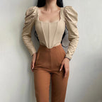Damen Elegantes Oberteil mit Puffärmeln und tiefem Ausschnitt R&B