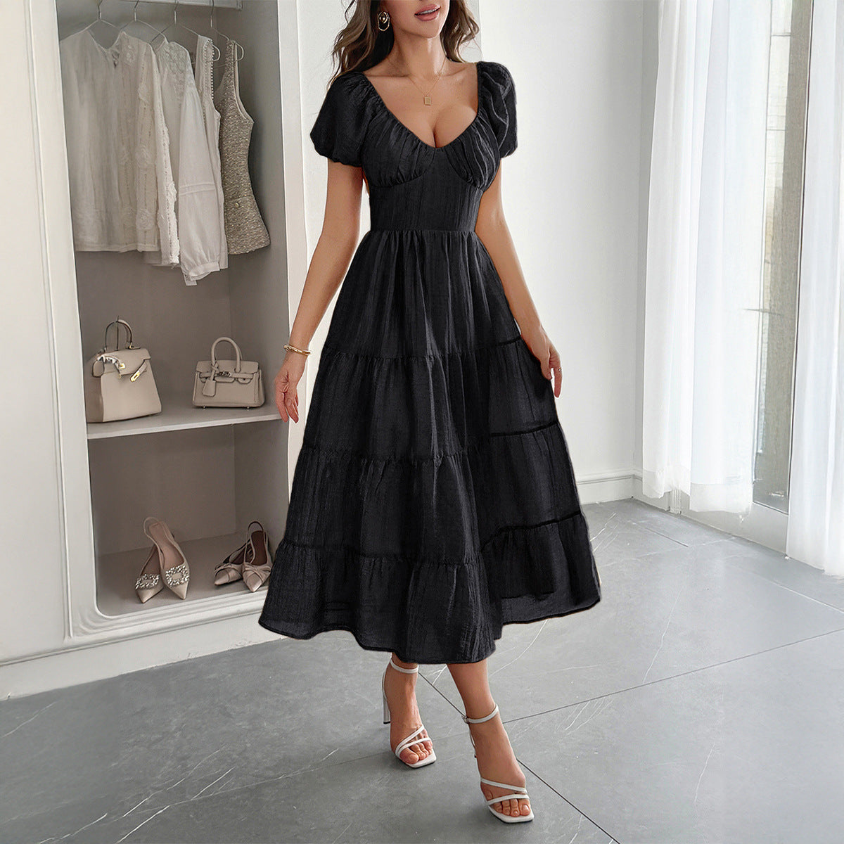 Damen Midi-Kleid mit voluminösen Puffärmeln und lässigem Schnitt R&B