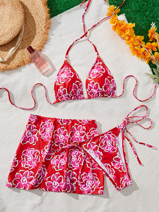 Damen Bikini-Set mit floralem Rock und raffinierten Bindebändern R&B