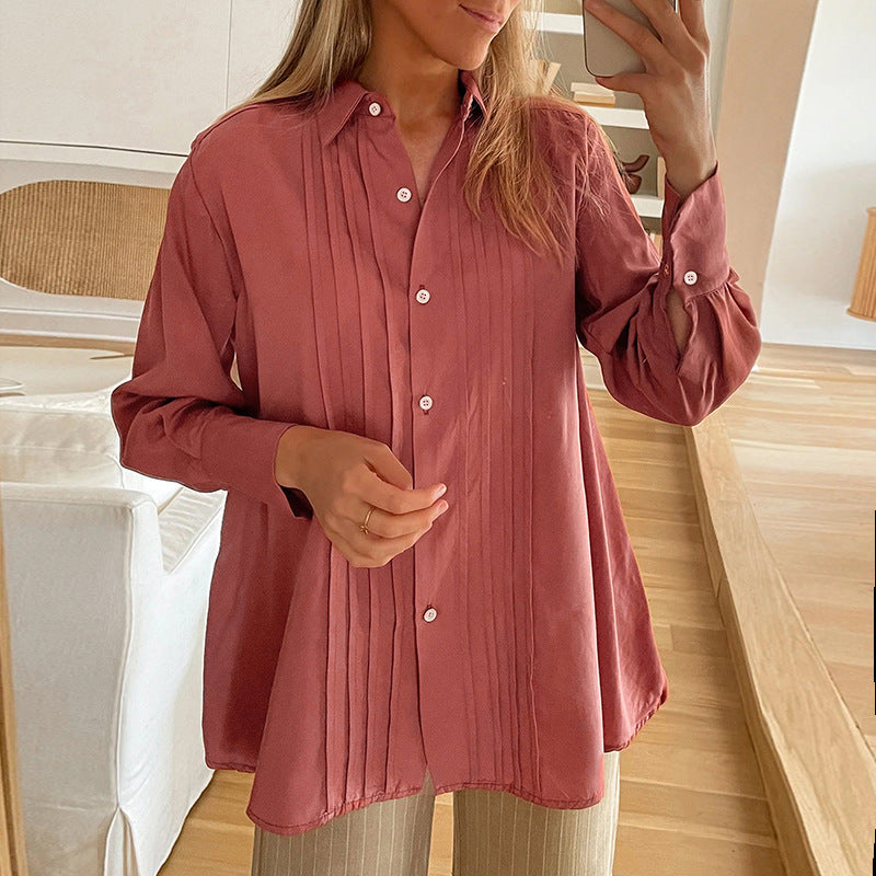 Damen Bluse mit eleganter Faltenstruktur und halbhohem Kragen R&B