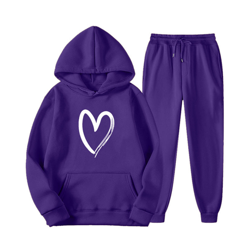 Damen Sweatsuit mit Kängurutasche und herzförmigem Print