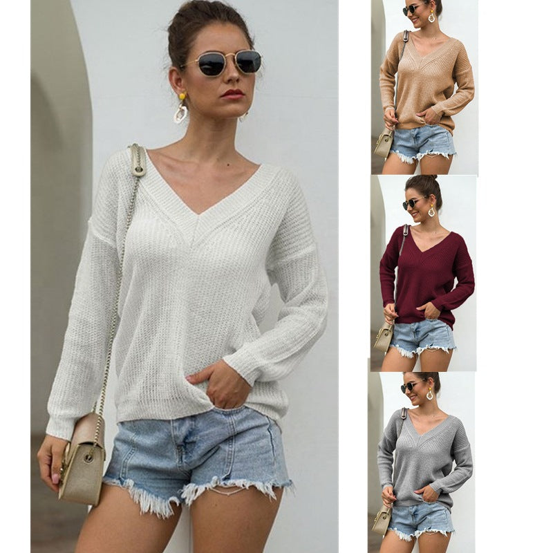 Damen lässiger Strickpullover mit V-Ausschnitt und strukturiertem Muster