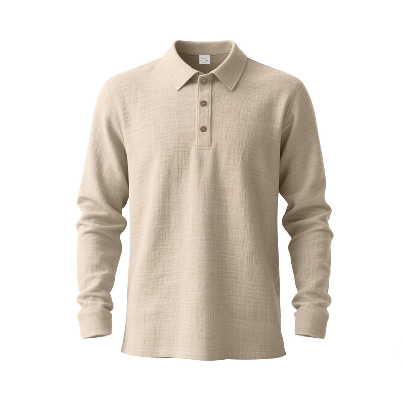 Herren nan Musselin-Langarm-Poloshirt mit Hemdkragen, kurzer Knopfleiste und natürlicher Knopfoptik R&B