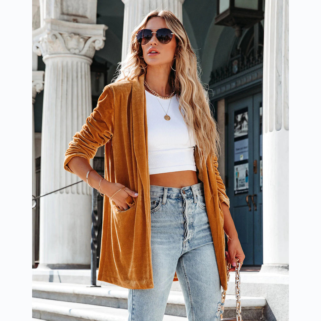 Damen Eleganter Velourscardigan mit lässigem Schnitt und praktischen Taschen R&B