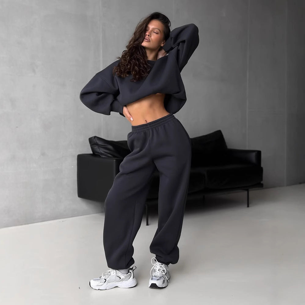 Damen lässiger Sport-Loungewear-Anzug mit crop Schnitt und weitem Bein R&B