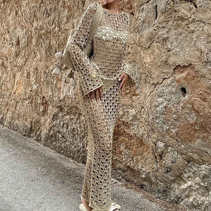 Damen Häkel-Strandkleid mit weiten Ärmeln und modernem Netzdesign R&B