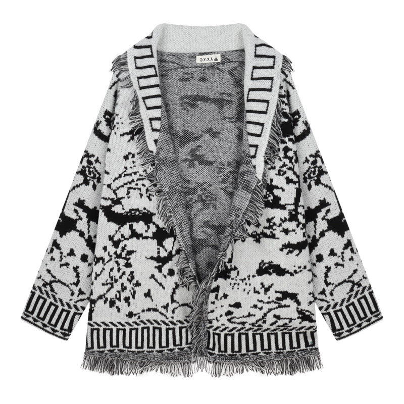 Damen Fransen-Strickjacke mit grafischem Muster und offenen Vorderteilen R&B