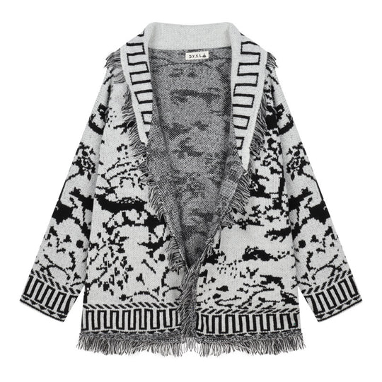 Damen Fransen-Strickjacke mit grafischem Muster und offenen Vorderteilen R&B
