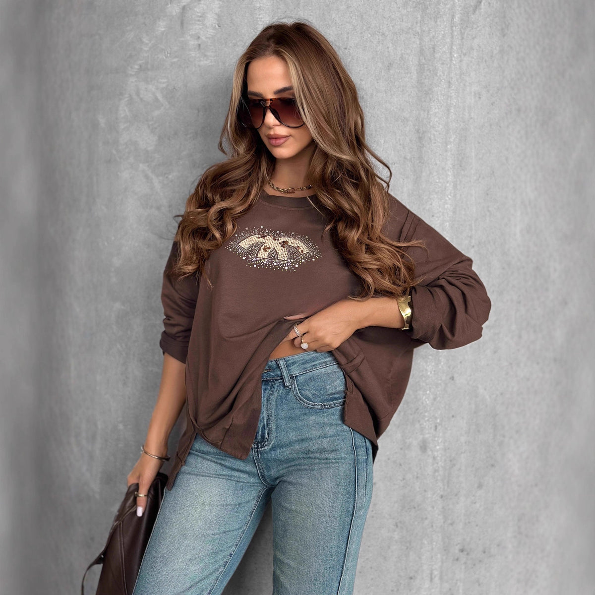 Damen Oversized Sweatshirt mit Glitzer-Print R&B