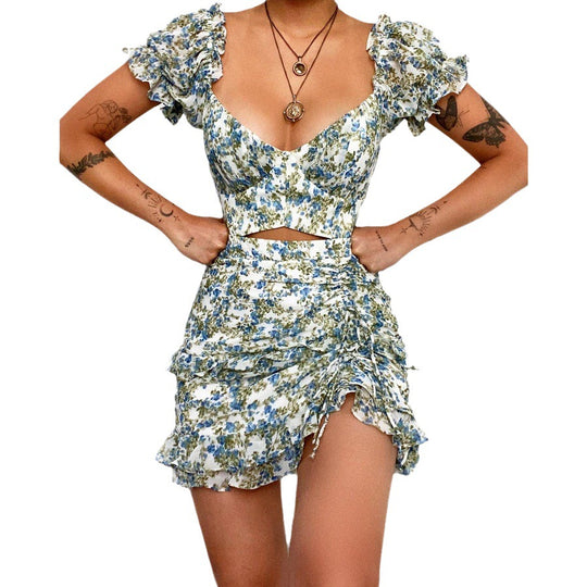 Damen Minikleid mit schulterfreiem Design und floralem Rüschensaum R&B