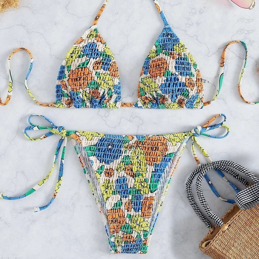 Damen Triangel-Bikini mit farbenfrohem Strukturdesign und verstellbaren Trägern R&B