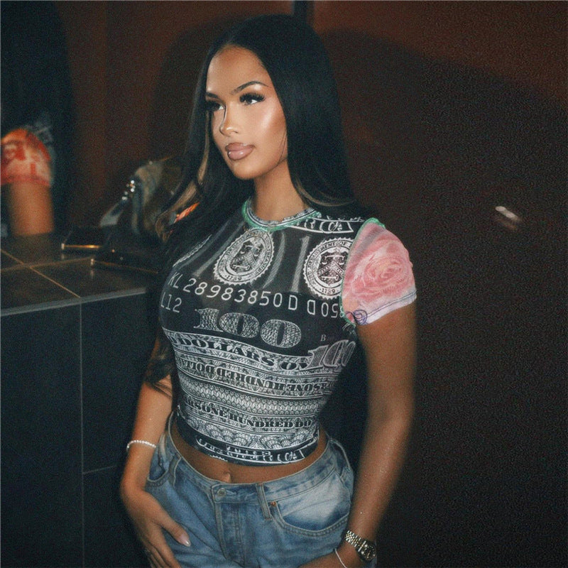 Damen Crop-Top mit kunstvollem Geldmotiv und farbenfrohem Ärmeldesign R&B