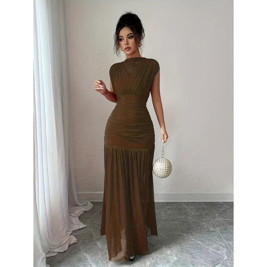 Damen Elegantes Maxikleid mit raffiniertem Drapée und transparentem Rock R&B