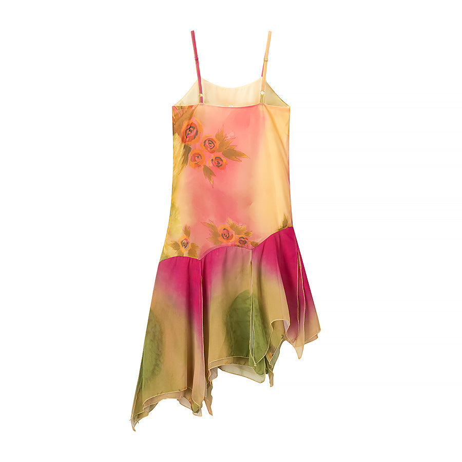 Damen asymmetrisches Sommerkleid mit floralem Design und zarten Spaghettiträgern R&B