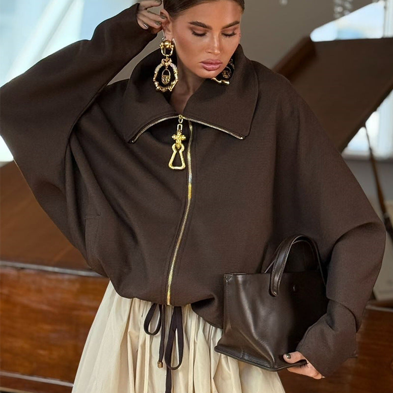 Damen Lässige Oversize-Jacke mit hohem Kragen und Reißverschluss R&B