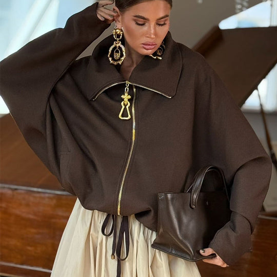 Damen Lässige Oversize-Jacke mit hohem Kragen und Reißverschluss R&B