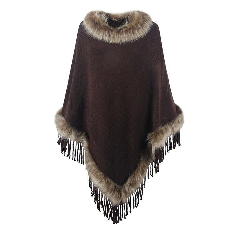 Damen eleganter Poncho mit luxuriösem Kunstfellkragen und dekadenten Fransen R&B