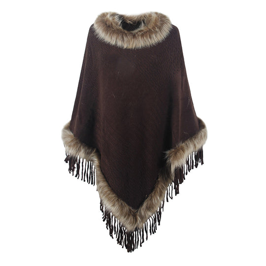 Damen eleganter Poncho mit luxuriösem Kunstfellkragen und dekadenten Fransen R&B