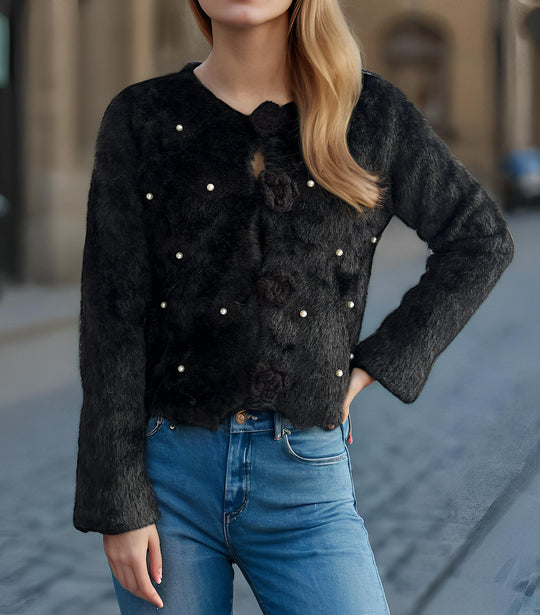 Damen Strickjacke mit floralen Applikationen und perlverzierter Detail R&B