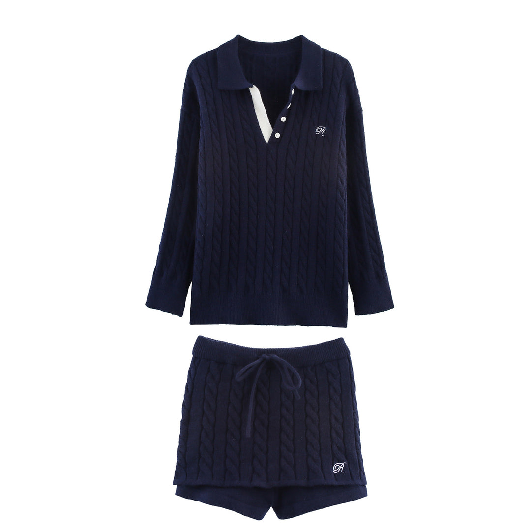 Damen Strick-Pyjama-Set mit klassischem Muster und elegantem Kragen R&B