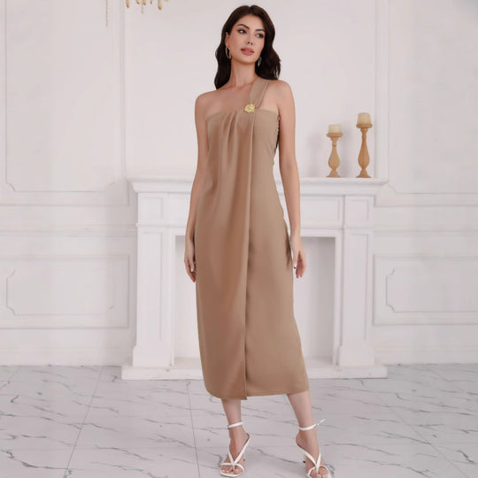 Damen elegantes schulterfreies Maxikleid mit Dekorativem Detail R&B