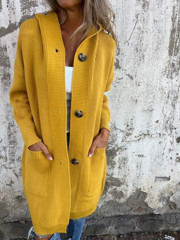 Damen Strickmantel mit Kapuze und Knopfleiste R&B