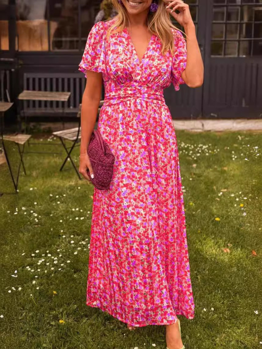 Damen Maxikleid mit floraler Raffung und V-Ausschnitt R&B