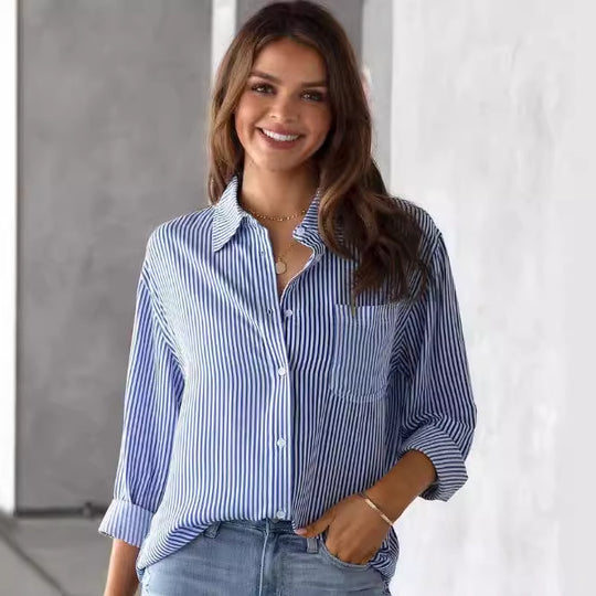 Damen Hemdbluse mit feinen vertikalen Streifen und lässigem Schnitt R&B