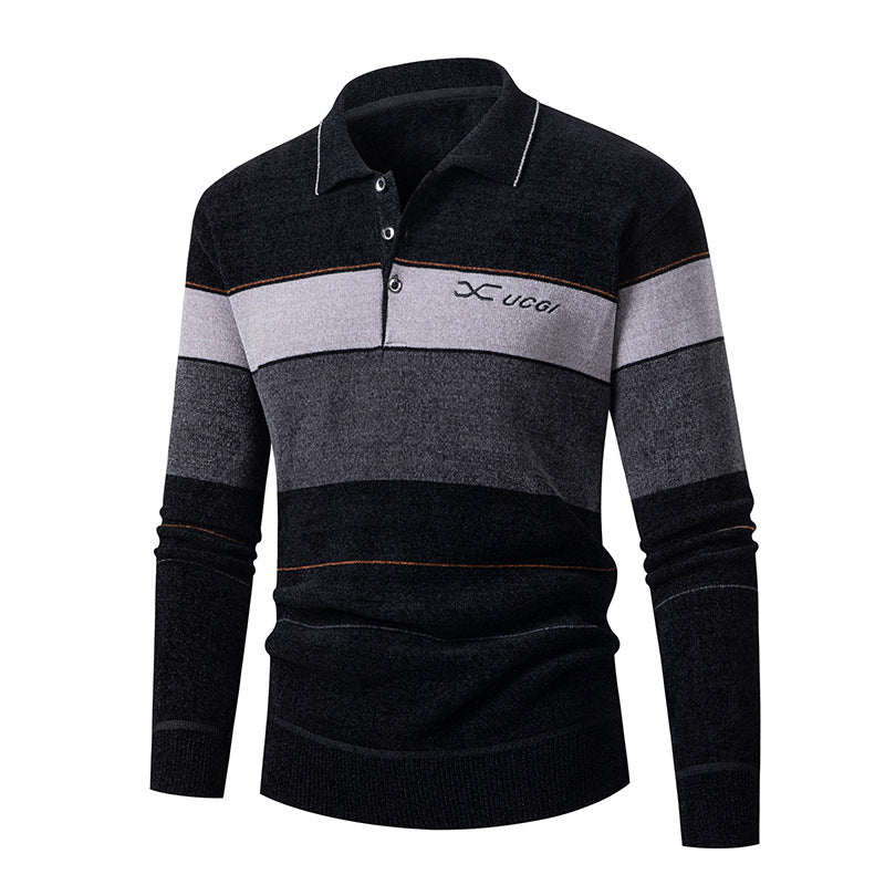 Herren Langarm Polohemd mit gestreiftem Design und Knopfleiste R&B