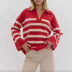 Damen kuschelige Strickpullover mit modernem Streifenmuster und V-Ausschnitt R&B
