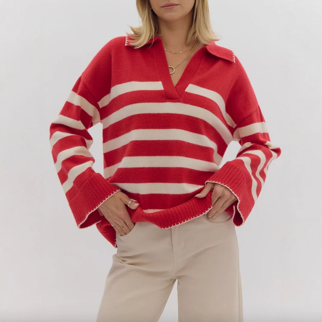 Damen kuschelige Strickpullover mit modernem Streifenmuster und V-Ausschnitt R&B