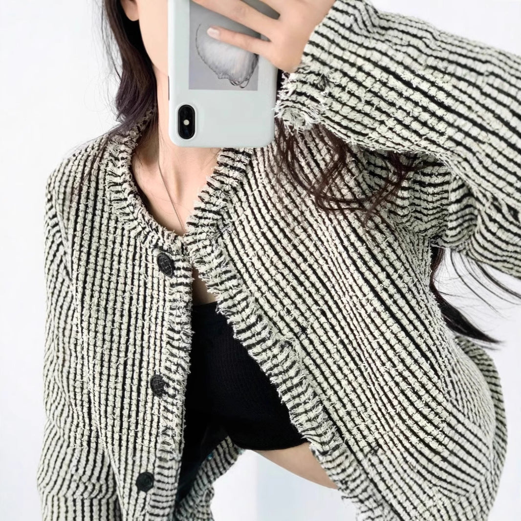 Damen trendige Bouclé-Jacke mit dekorativen Knöpfen und lässigem Schnitt R&B