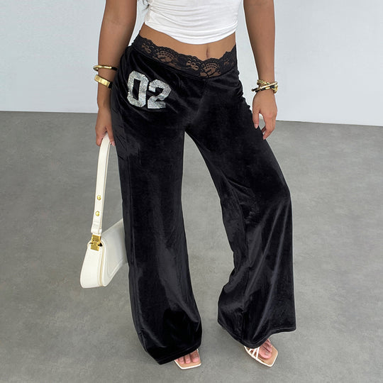 Damen weite Velvet-Palazzo-Hose mit Spitze R&B