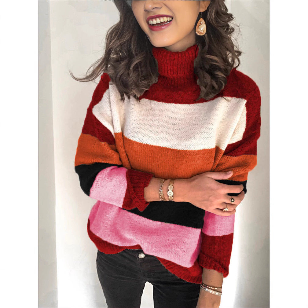 Damen modischer Strickpullover mit lässigem Rollkragen und farbiger Blockgestaltung R&B