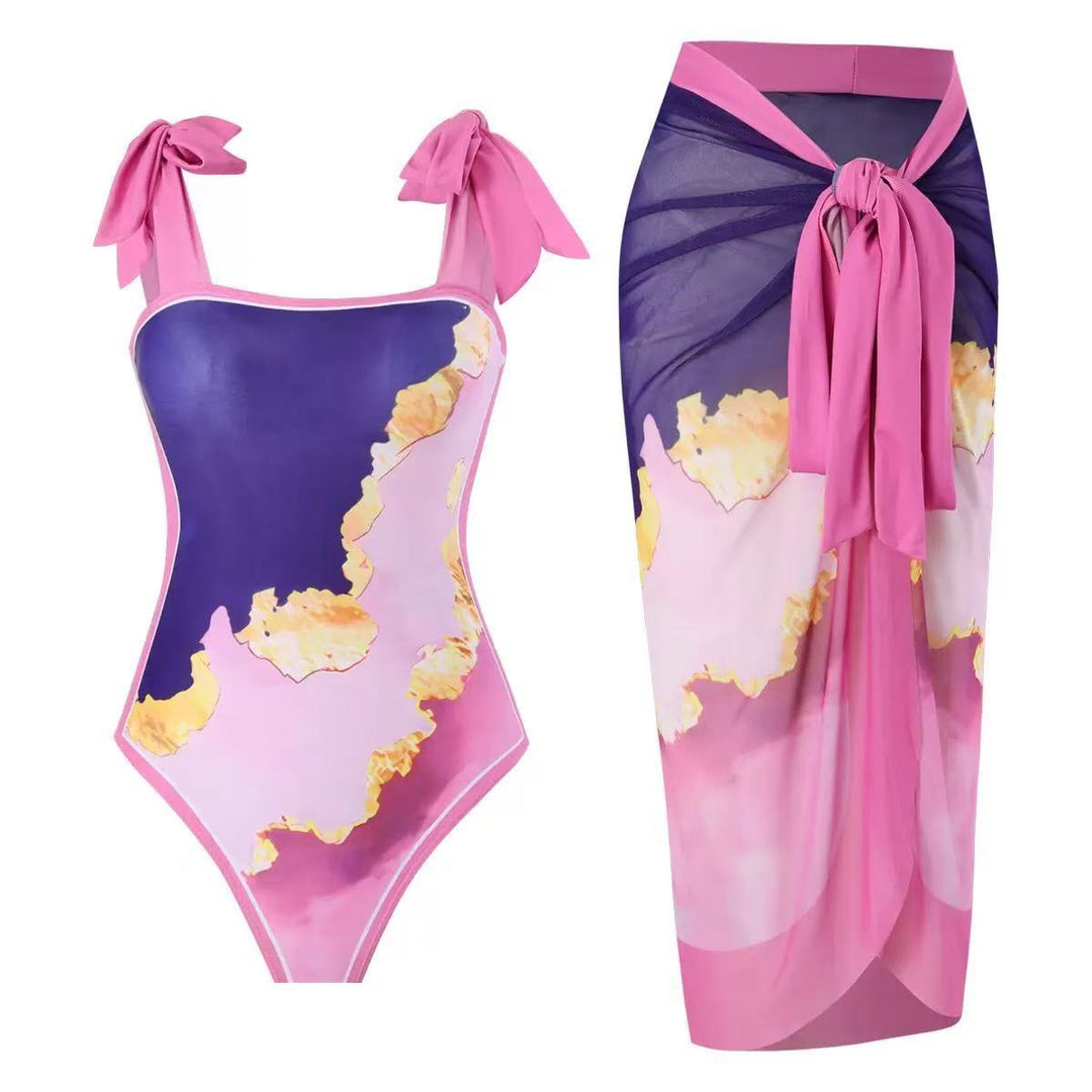Damen Badeanzug mit floralem Design und transparentem Wickelrock R&B