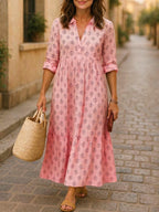 Damen Maxikleid mit elegantem Kragen und floralen Mustern R&B