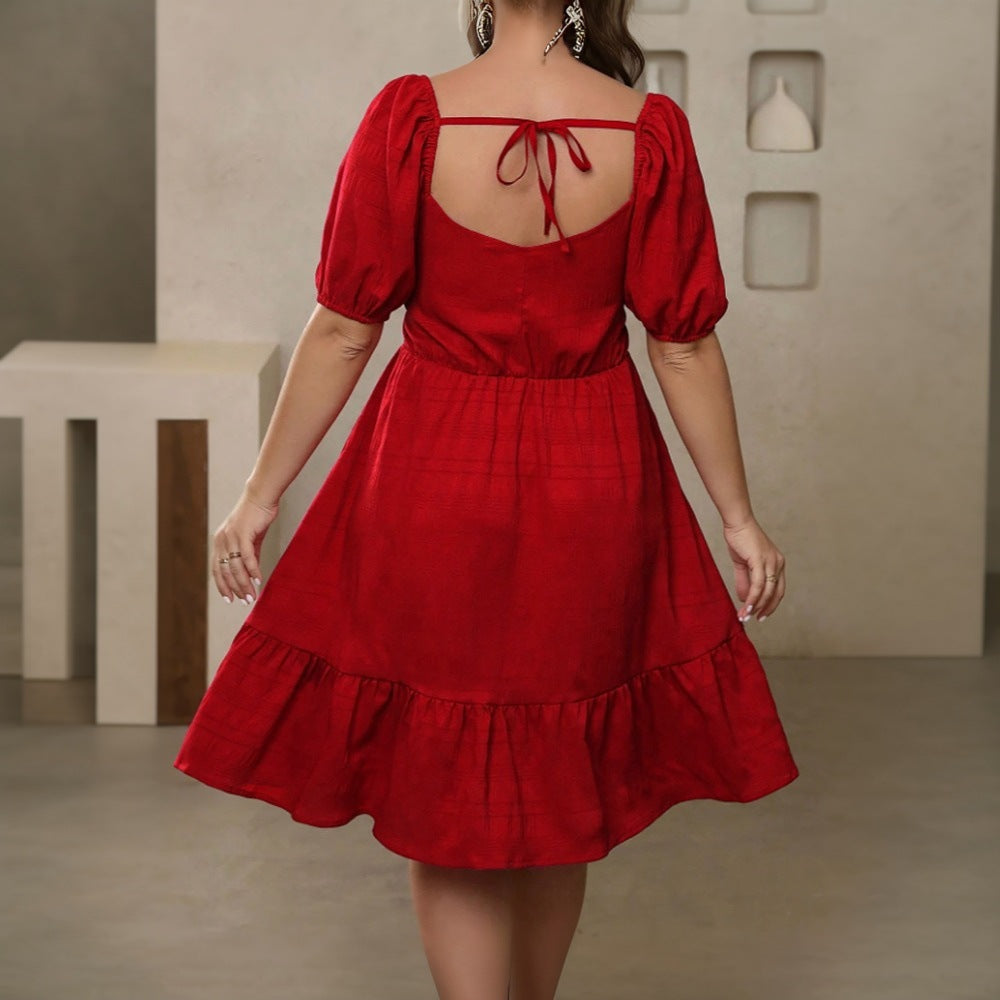 Damen lässiges Midikleid mit Rüschen und Puffärmeln R&B