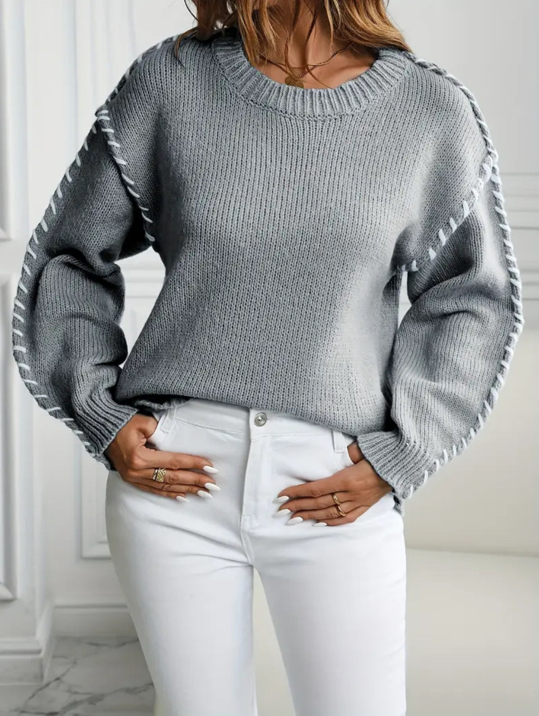 Damen Großer Strickpullover mit dekorativem Saum R&B