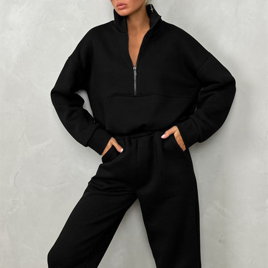 Damen sportliches Sweatshirt und Jogginghose-Set mit hoher Kragenoption und elastischem Bund R&B
