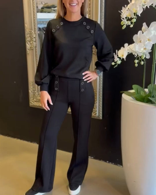 Damen nan sportlich-elegantes Jersey-Zweiteiler mit Ösenverzierung, hochgeschnittener Bundhose im Marlene-Schnitt R&B
