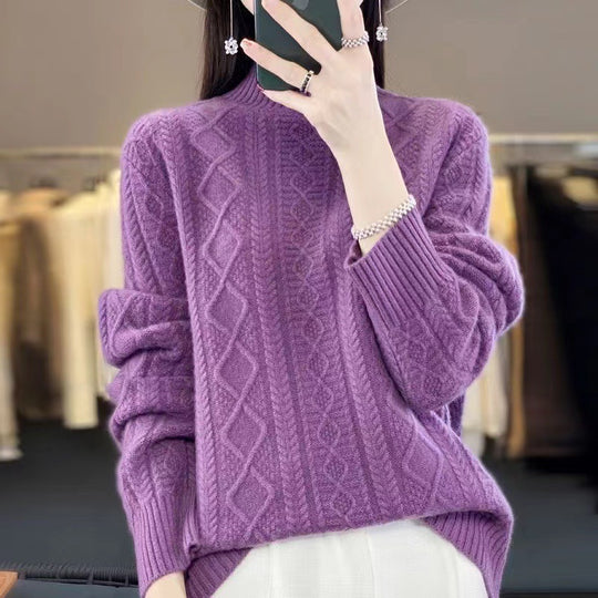 Damen Hochwertiger Strickpullover mit Stehkragen und Zopfdesign R&B